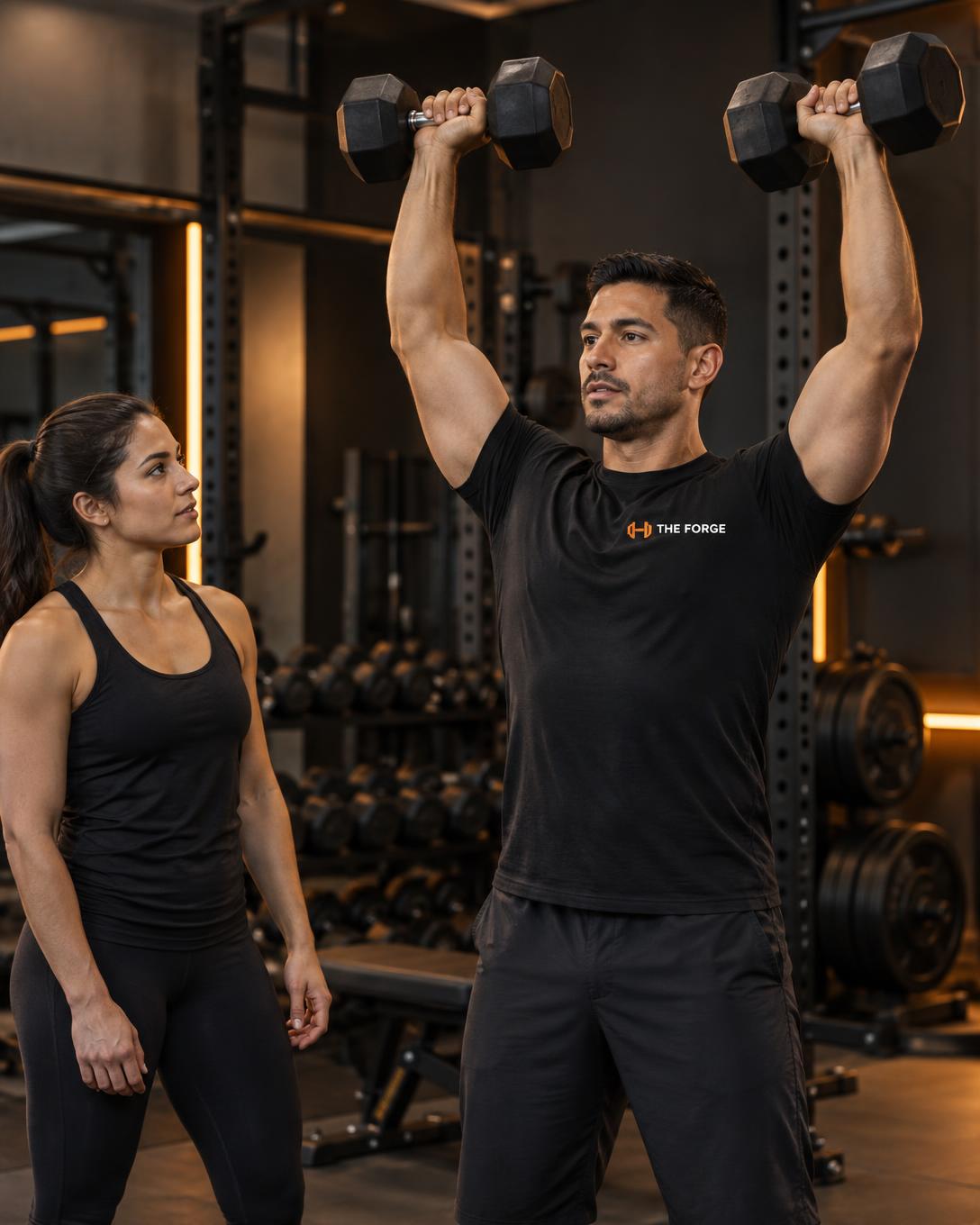 A Forge trainer demonstrating a dumbbell shoulder press