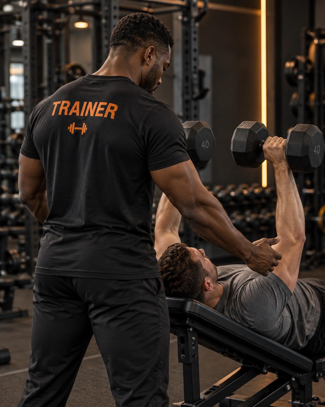 A Forge trainer spotting a client during a dumbbell press